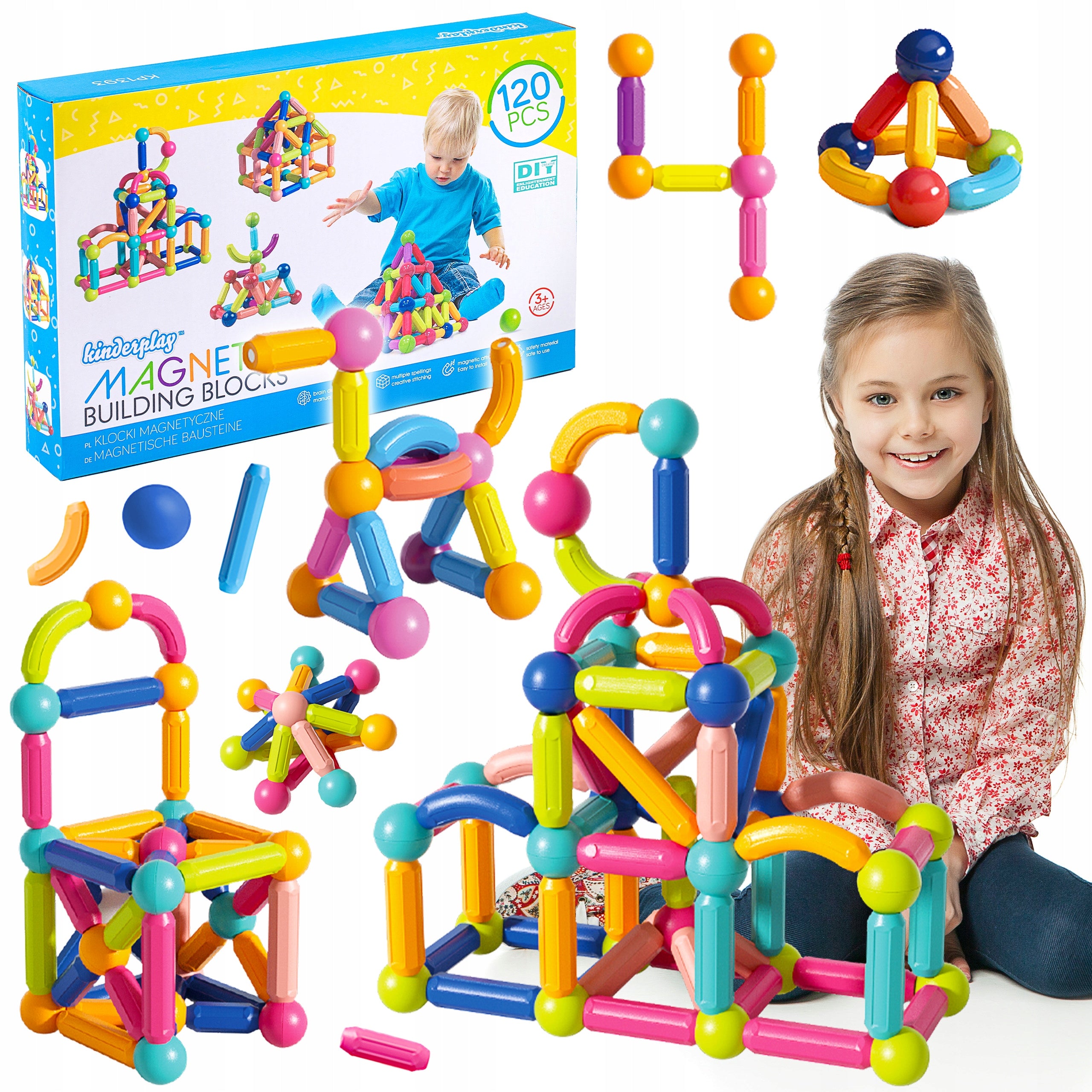 Magnetiniai konstruktoriaus blokeliai, edukacinis lazdelių rinkinys XXL, 120 vienetų "Kinderplay"