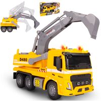 Žaislinis sunkvežimis su ekskavatoriumi, statybinis vilkikas, automobilis 1:16, šviesos, garsas