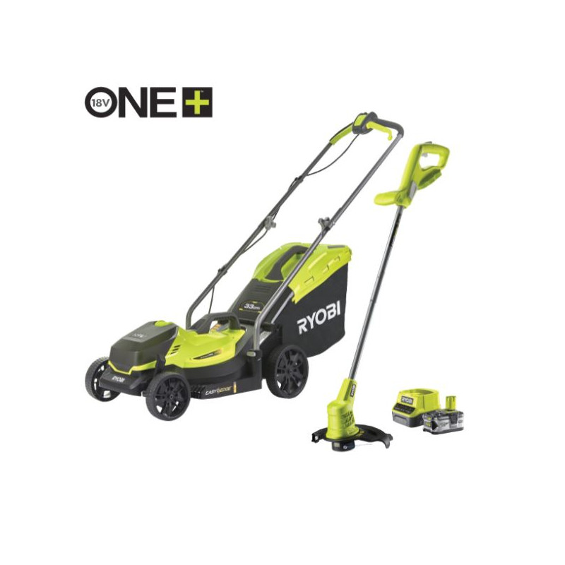 RYOBI akumuliatorinės vejapjovės ir trimerio komplektas ONE+, OLM1833B, OLT1825M, 18 V (su 4 Ah akumuliatoriumi ir įkrovikliu)