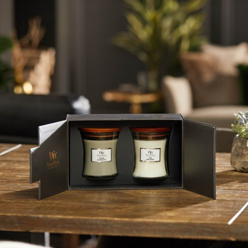 WoodWick Medium Core Fireside & Linen Gift Set Žvakės dovanų dėžutėje, Medium