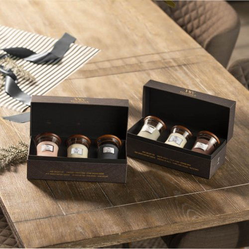 WoodWick Mini Core Evening Onyx, Solar Ylang, Coastal Sunset Gift Set Žvakių rinkinys dovanų dėžutėje, Mini